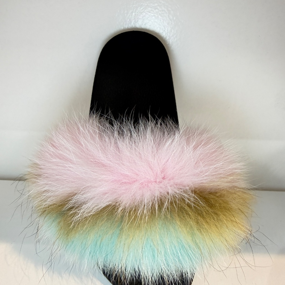 GOLDEN ROAD Women's Faux Fur Slides, Open Toe Cute Fur Slippers, Comfortable